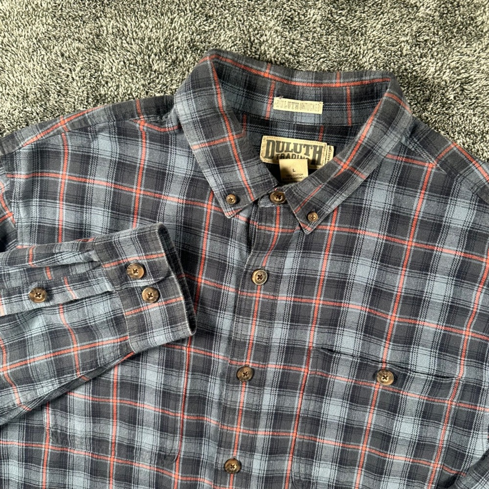 Duluth Trading Co Flannel Shirt Mens L Untucked Relaxed Fit Blue Orange Plaid